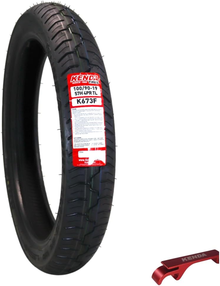 KENDA إطار دراجة نارية أمامي كروز K673 100/90-19 (57H) - بيس بلاي، بدون أنبوب، معتمد من DOT، إطار كروزر عالي الأميال مع قبضة ممتازة وثبات، (100-90 19 57H) يشمل سلسلة مفاتيح - Image 1